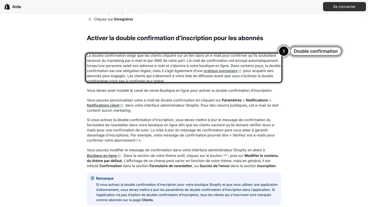Centre d'aide Shopify sur la double confirmation d'inscription, avec le principe de confirmation par e-mail encadré (1)