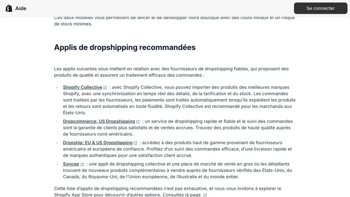 La liste des applis de dropshipping recommandées dans le centre d'aide Shopify