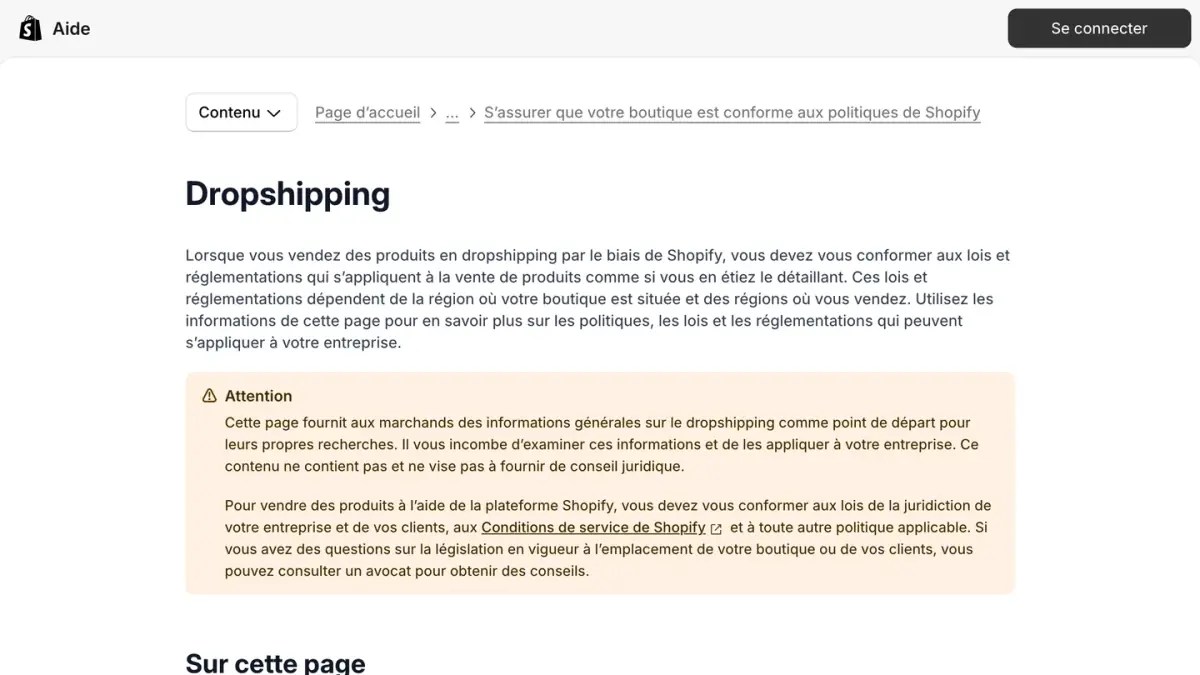 La page du centre d'aide Shopify sur les obligations légales du dropshipping