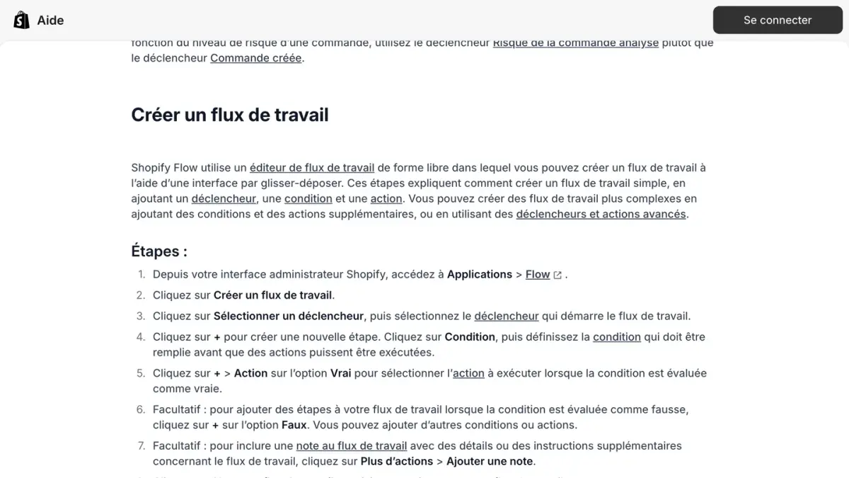 Les étapes pour créer un flux de travail dans Shopify Flow, d'après le centre d'aide Shopify