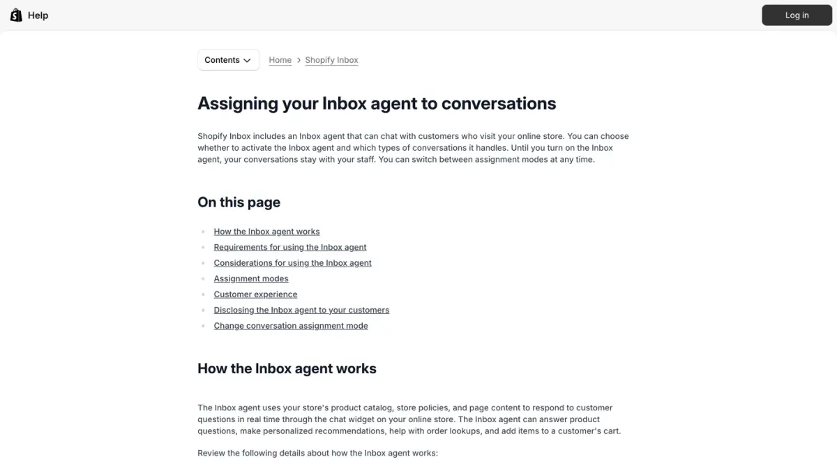 Shopify Help Center page on assigning the Inbox agent to conversations and how the agent works