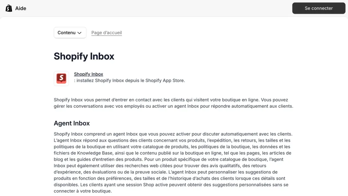 La page Shopify Inbox du centre d'aide Shopify, avec la présentation de l'agent Inbox