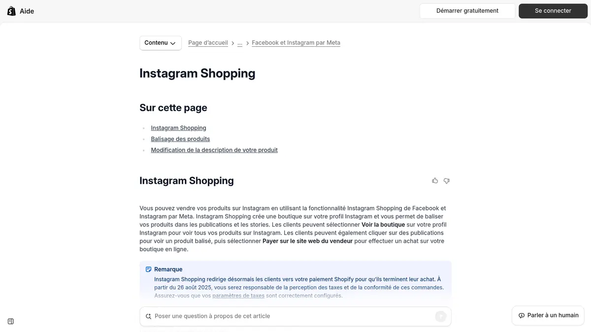 Page du centre d'aide de Shopify sur Instagram Shopping, avec la remarque sur la redirection vers le paiement Shopify