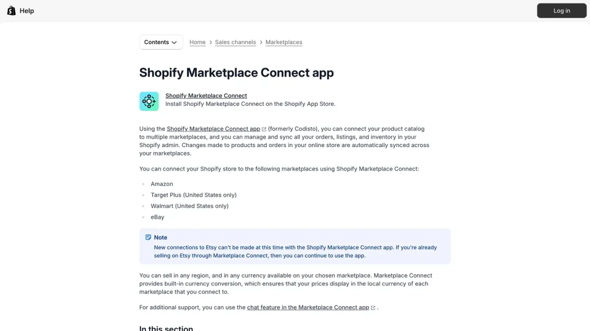 Shopify Help Center page for the Marketplace Connect app, with the note that new Etsy connections are closed