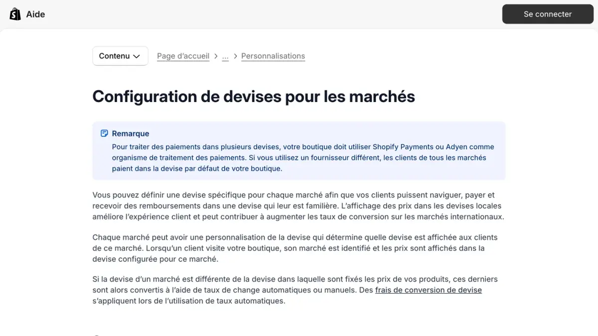 La page Configuration de devises pour les marchés du centre d'aide Shopify