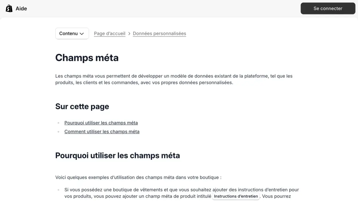 La page Champs méta du centre d'aide Shopify en français