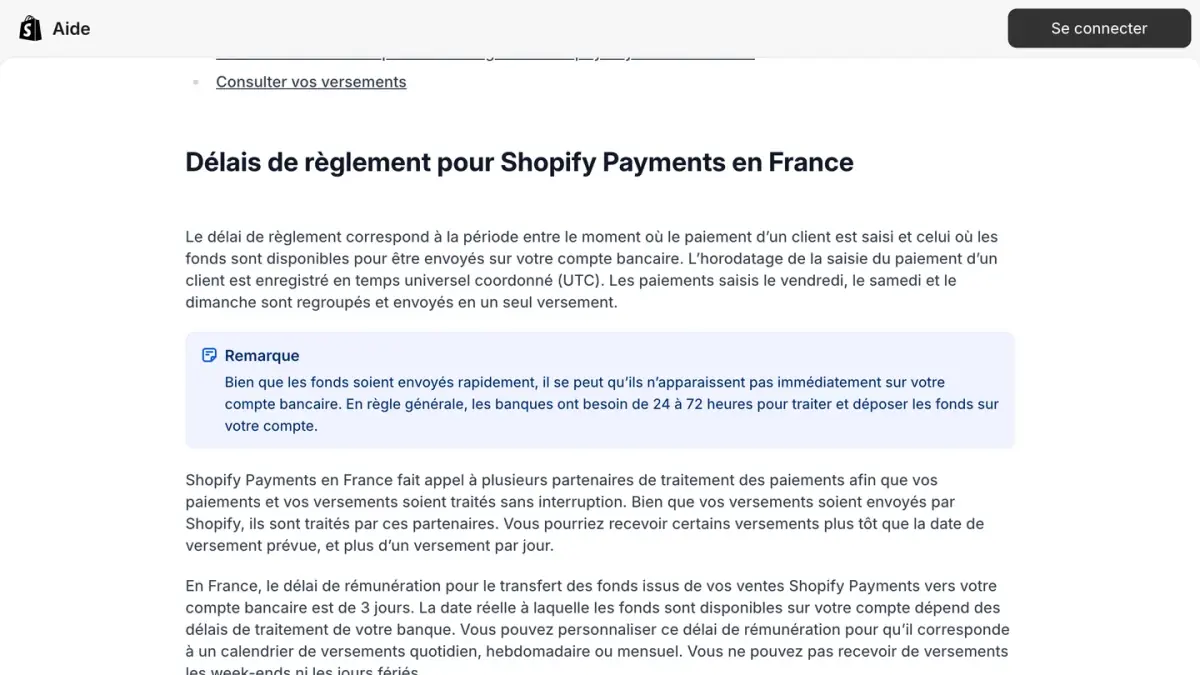 La page du centre d'aide Shopify sur les délais de règlement de Shopify Payments en France
