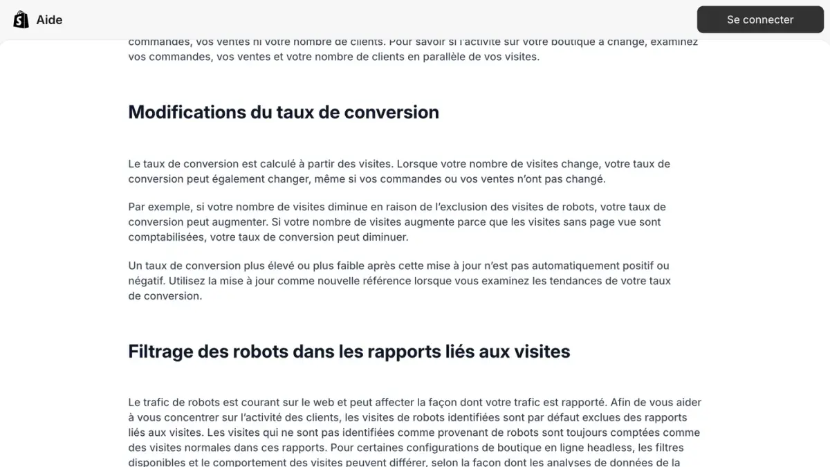 La page du centre d'aide Shopify sur les modifications du taux de conversion et la mesure des visites