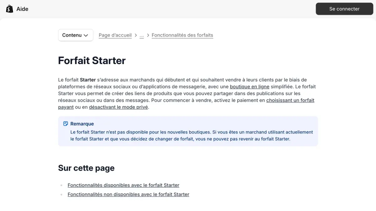 La page Forfait Starter du centre d'aide Shopify, avec la remarque sur les nouvelles boutiques