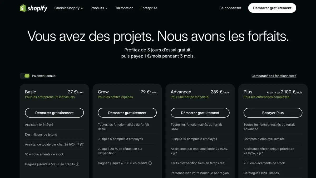 Page tarifs de Shopify France avec les forfaits Basic, Grow, Advanced et Plus en euros