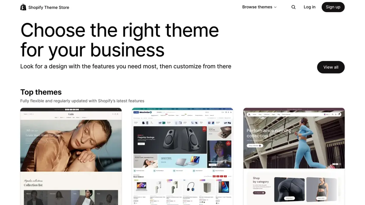 Shopify Theme Store home page with the top themes that merchants can browse and buy