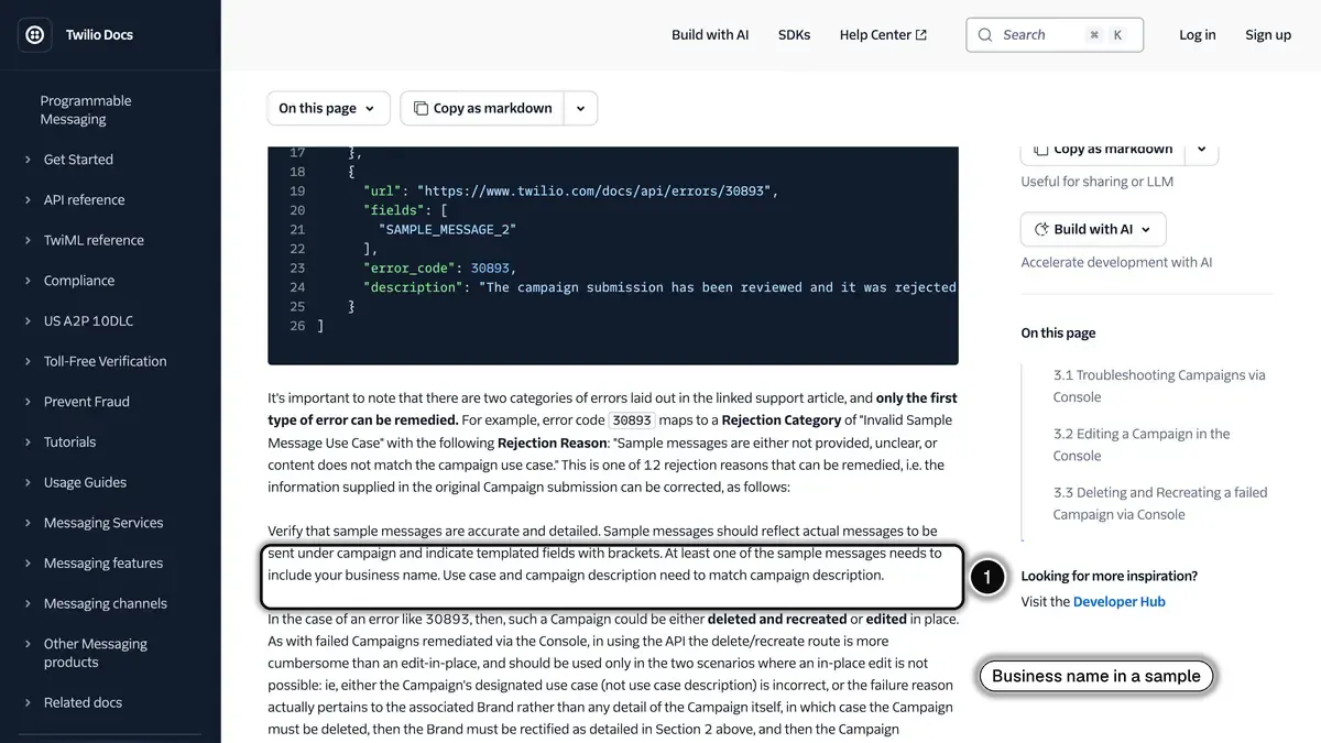 Twilio's A2P 10DLC campaign guide: sample messages must reflect real messages, show templated fields in brackets and include the business name (1)