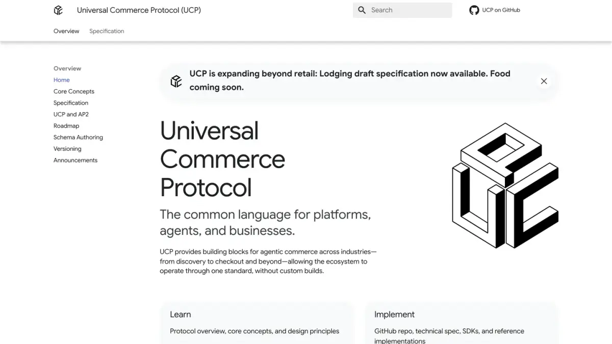 Universal Commerce Protocol website, described as the common language for platforms, agents and businesses