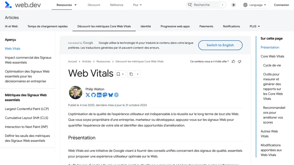 L'article Web Vitals de web.dev, où Google présente les Core Web Vitals