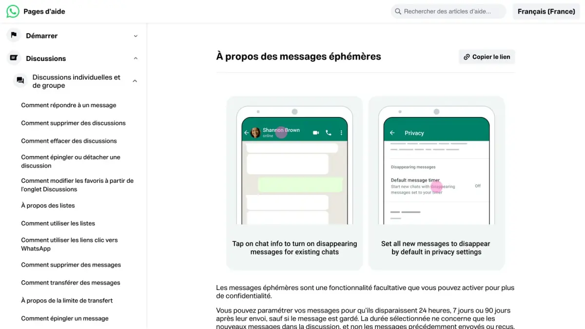 Page d'aide WhatsApp « À propos des messages éphémères », avec les trois durées proposées