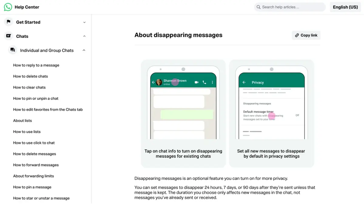 WhatsApp Help Center page About disappearing messages, with the 24 hour, 7 day and 90 day timers