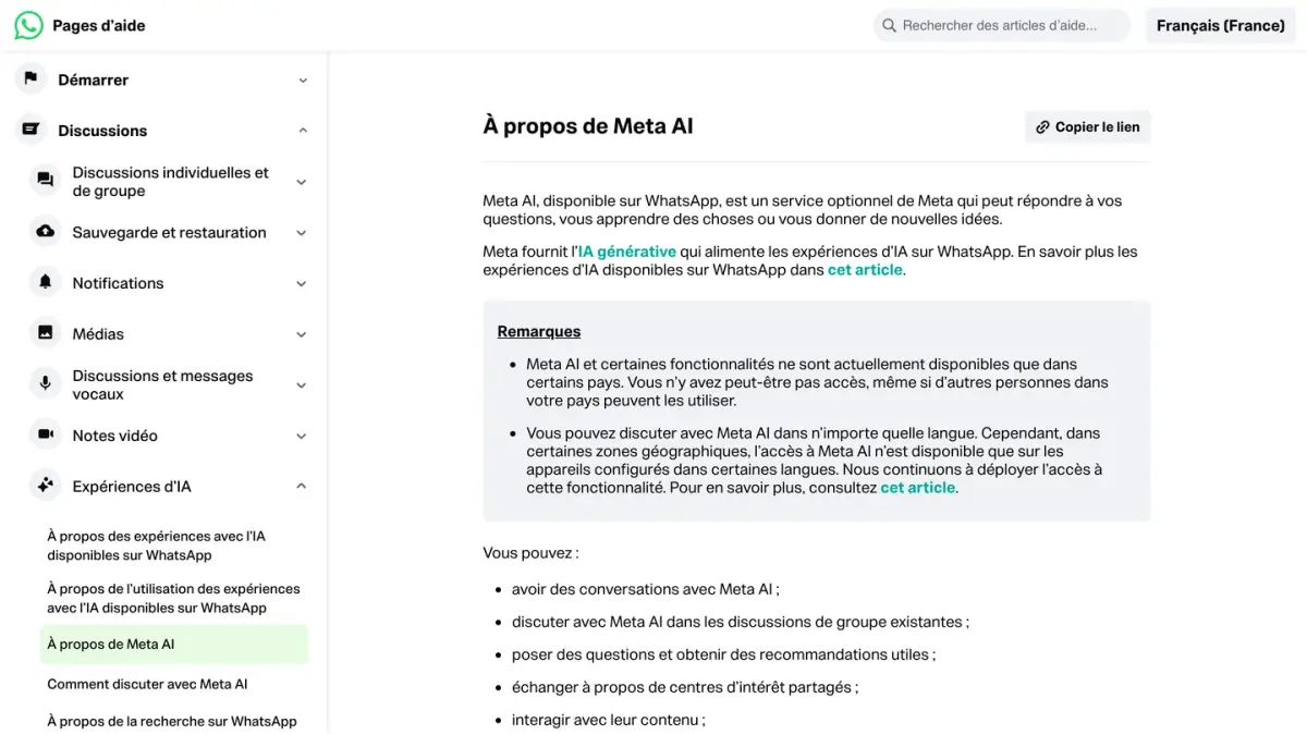 Page d'aide WhatsApp à propos de Meta AI, l'assistant optionnel intégré à WhatsApp