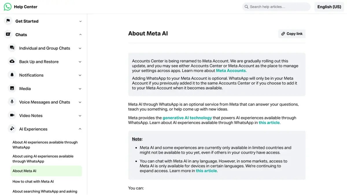 WhatsApp Help Center page About Meta AI, the optional assistant from Meta