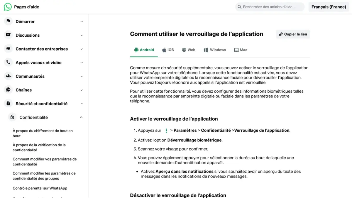 Page d'aide WhatsApp « Comment utiliser le verrouillage de l'application », version Android