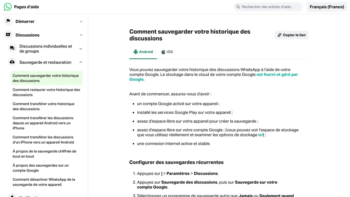 Page d'aide WhatsApp « Comment sauvegarder votre historique des discussions », version Android