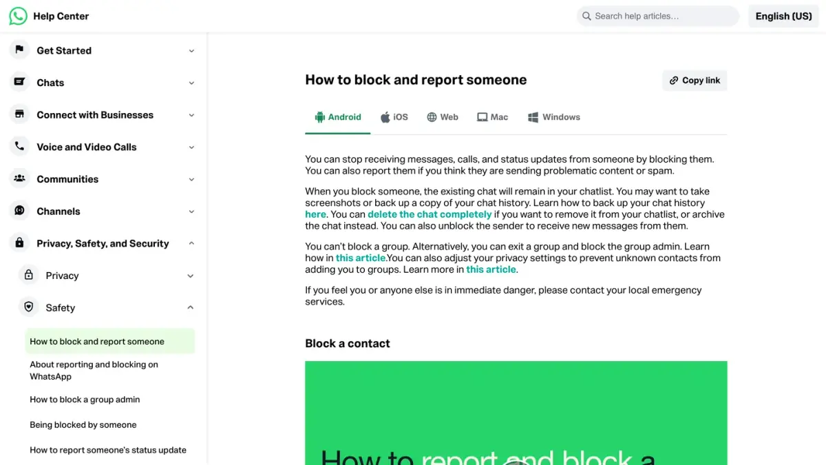WhatsApp Help Center page How to block and report someone, Android version