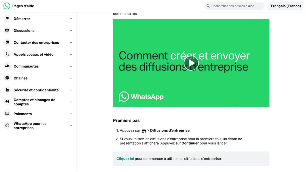 Page d'aide WhatsApp « Comment créer et envoyer une diffusion d'entreprise », version Android