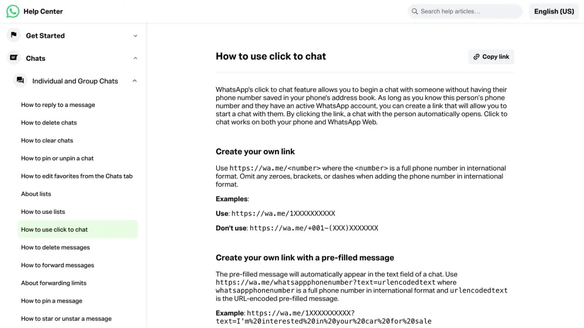WhatsApp Help Center page explaining how to use click to chat links