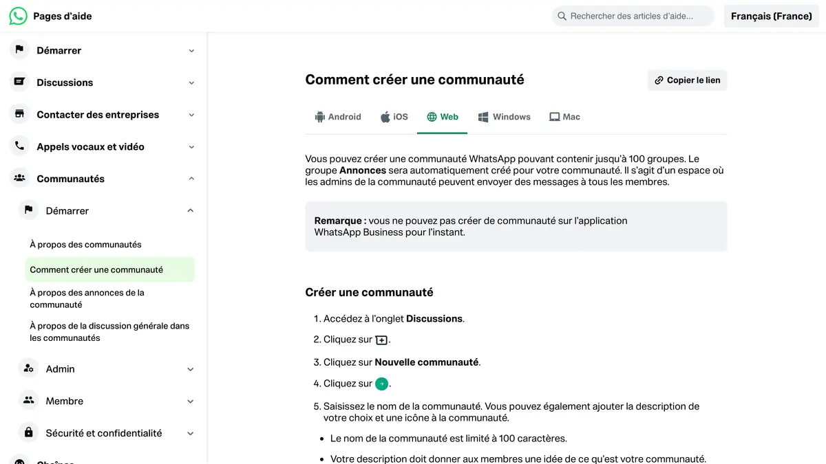 Page d'aide WhatsApp sur la création d'une communauté, avec la remarque sur l'application WhatsApp Business