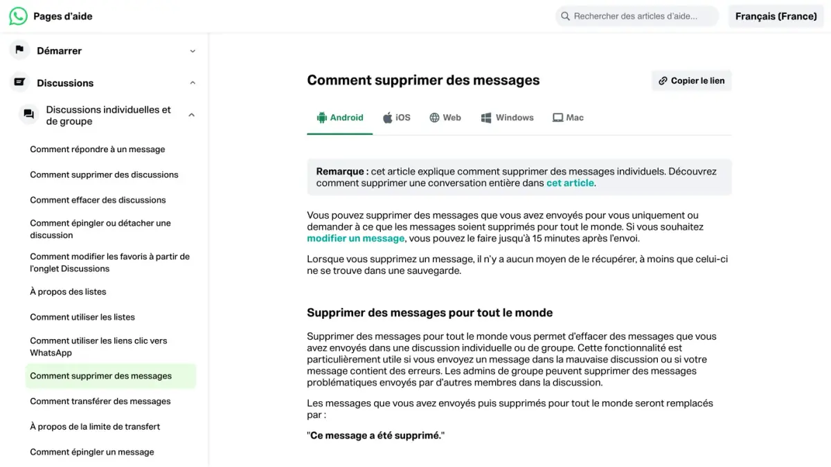 Page d'aide WhatsApp sur la suppression des messages pour tout le monde, valable aussi pour un sondage