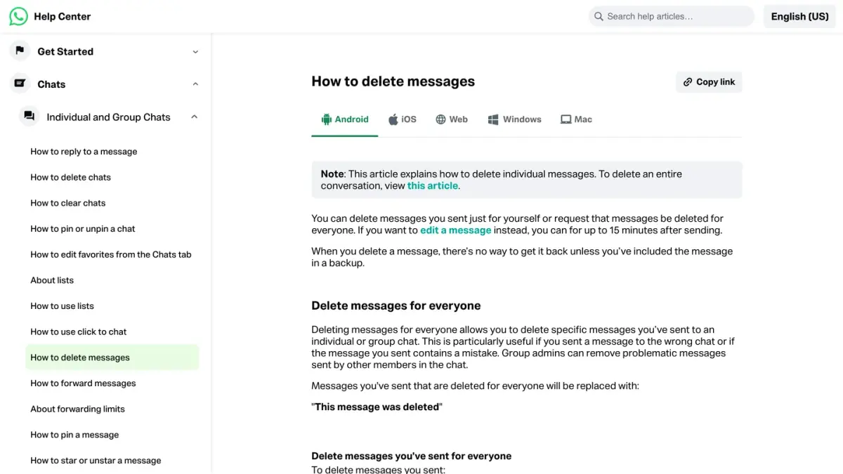 WhatsApp Help Center page on how to delete messages for everyone, which also applies to polls