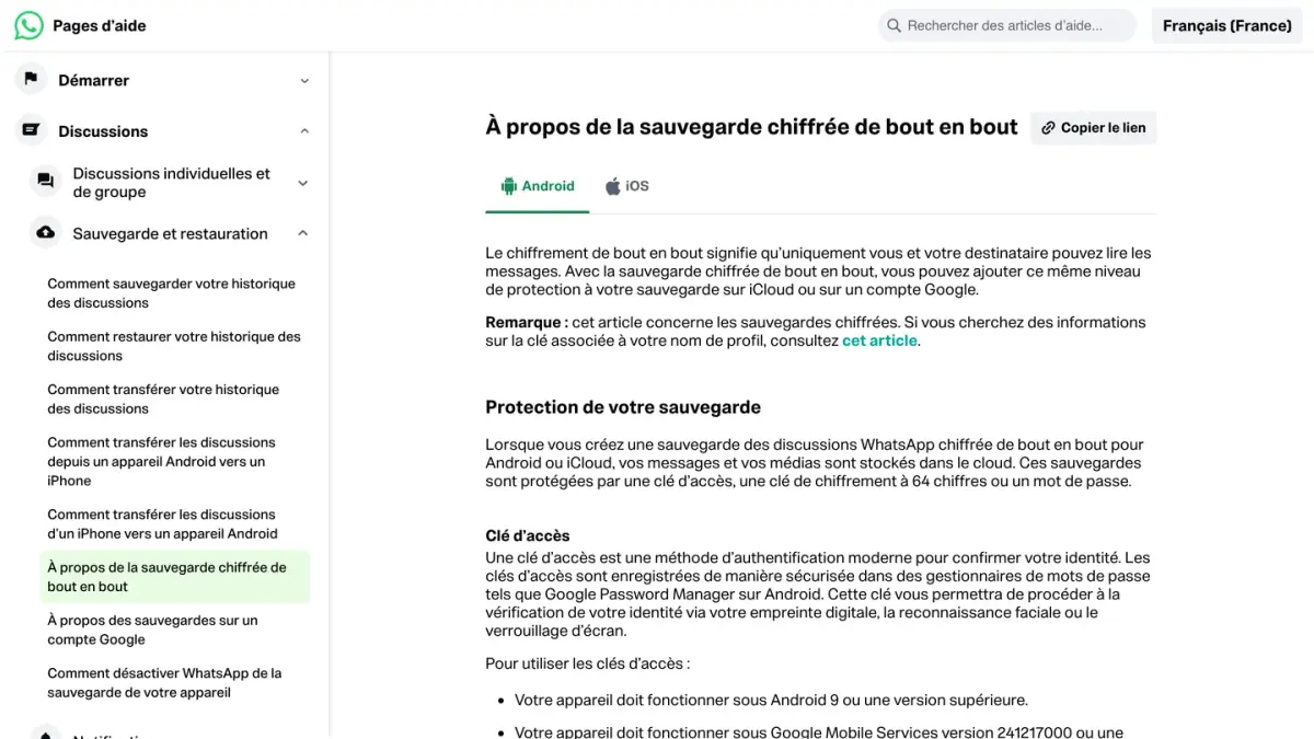 Page d'aide WhatsApp « À propos de la sauvegarde chiffrée de bout en bout »