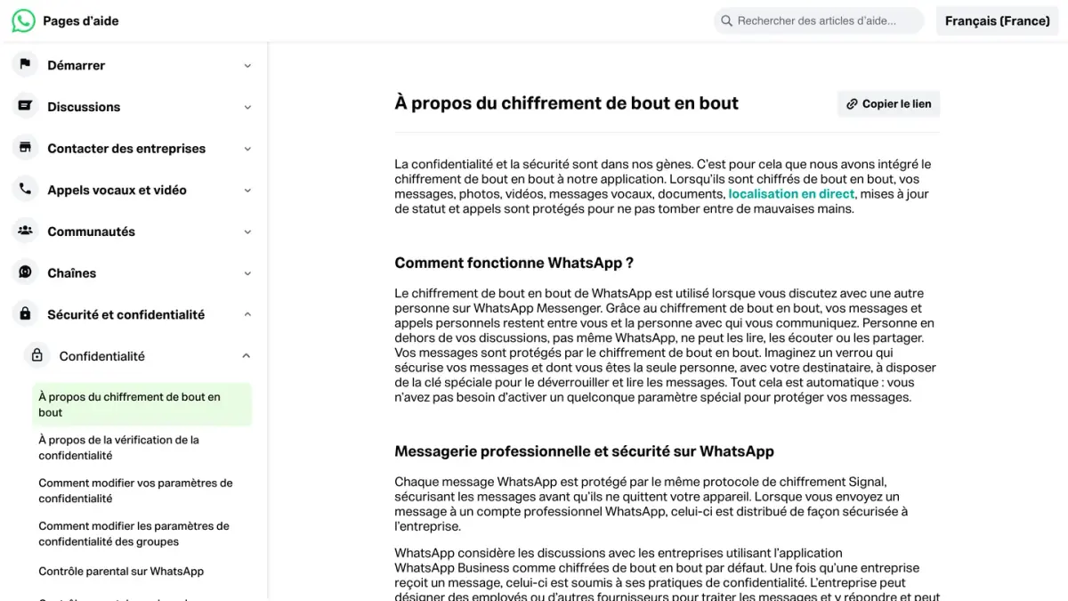 Page d'aide WhatsApp sur le chiffrement de bout en bout des messages et appels personnels