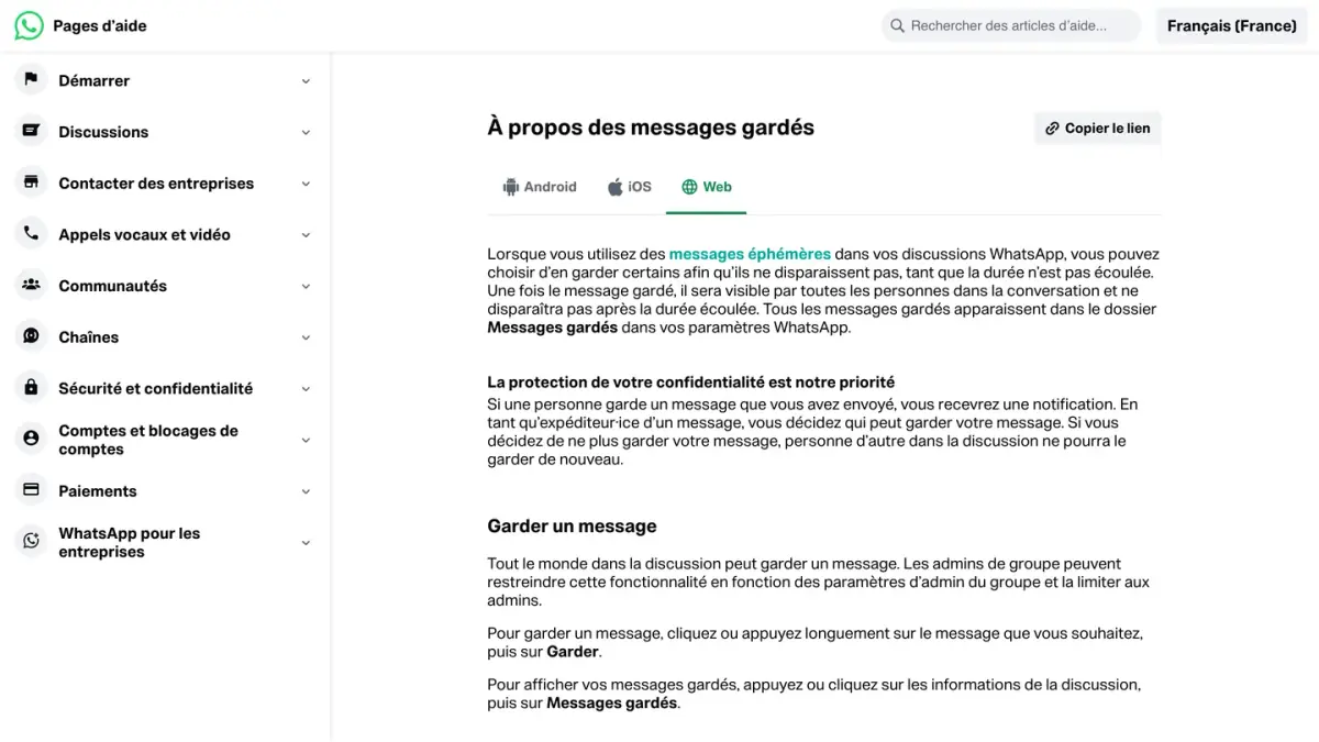 Page d'aide WhatsApp « À propos des messages gardés » dans les discussions éphémères