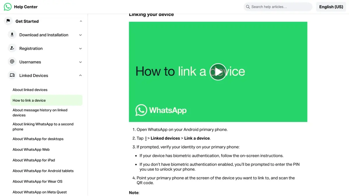 WhatsApp Help Center page How to link a device, with the steps on Android