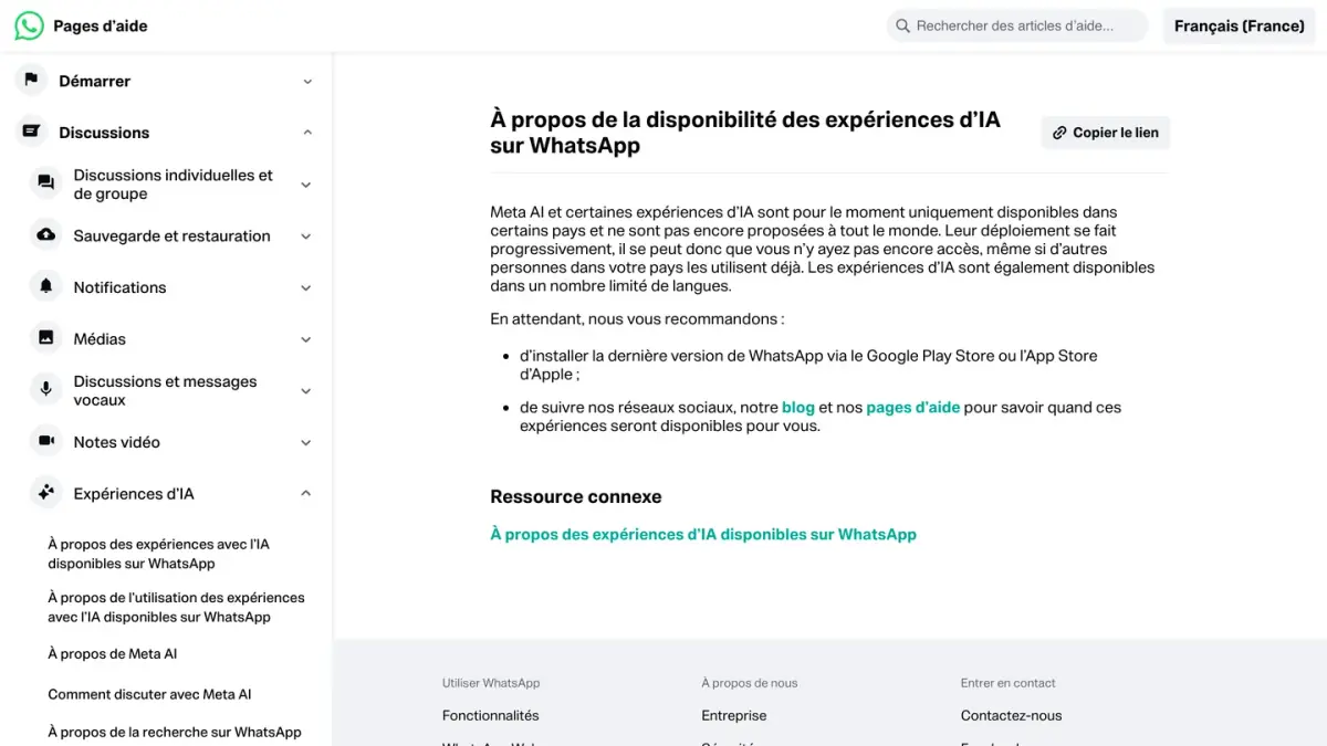 Page d'aide WhatsApp « À propos de la disponibilité des expériences d'IA sur WhatsApp »