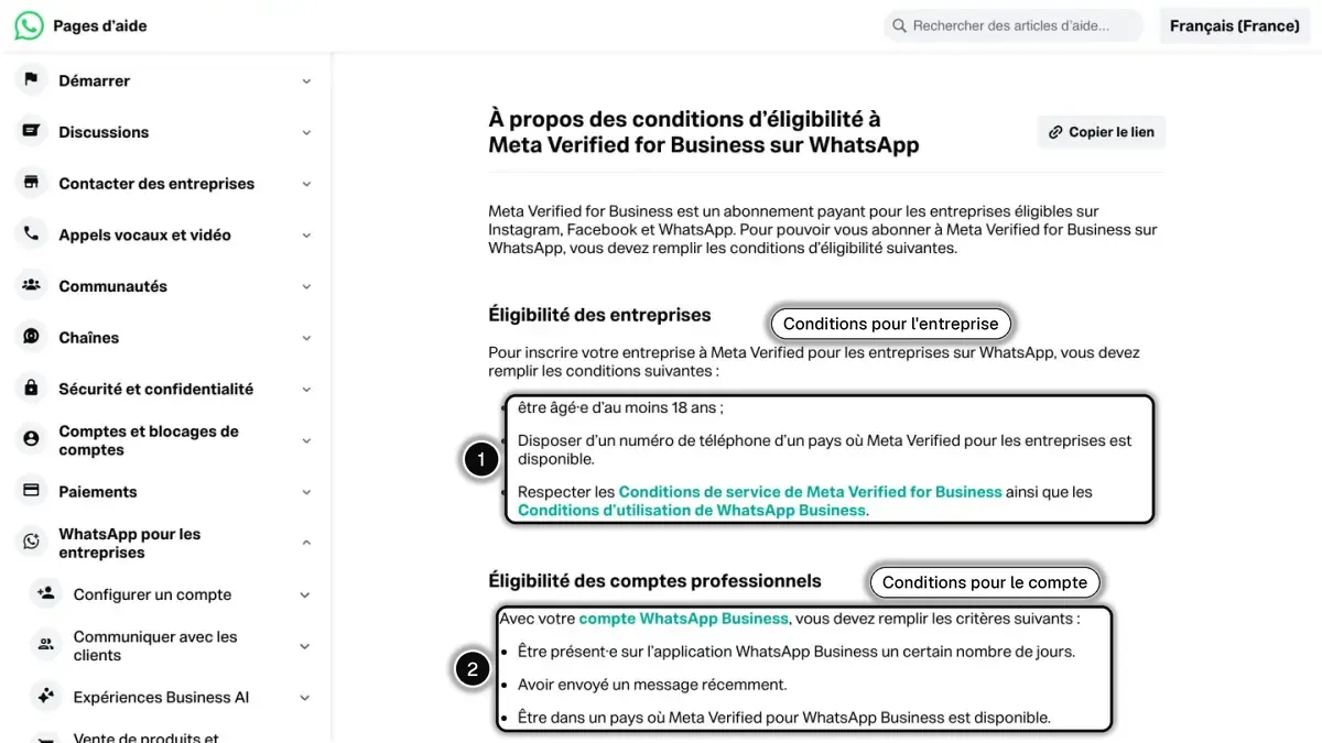 La page d'aide de WhatsApp sur les conditions d'éligibilité à Meta Verified for Business, avec les conditions pour l'entreprise (1) et pour le compte (2) en évidence