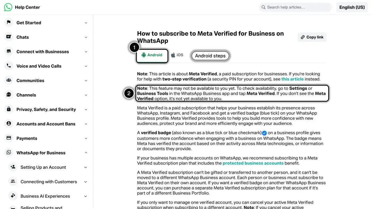 WhatsApp Help Center article on subscribing to Meta Verified for Business, with the Android tab (1) and the availability note (2) highlighted
