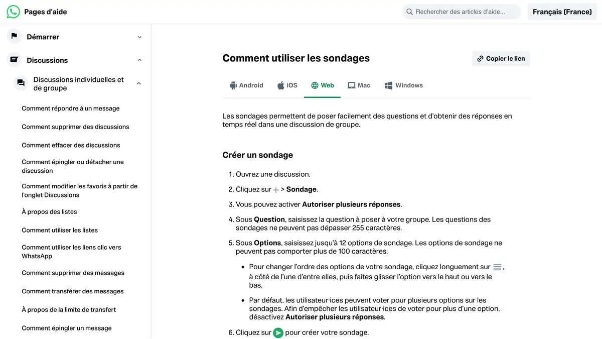 Page d'aide WhatsApp sur l'utilisation des sondages, avec les étapes de création et la limite de 12 options
