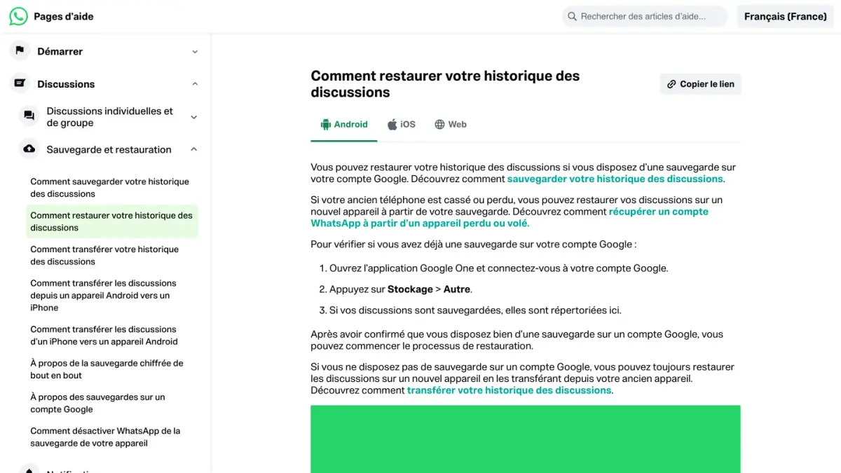 Page d'aide WhatsApp « Comment restaurer votre historique des discussions », version Android