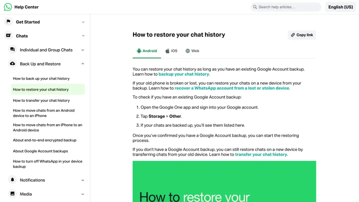 WhatsApp Help Center page How to restore your chat history, Android version