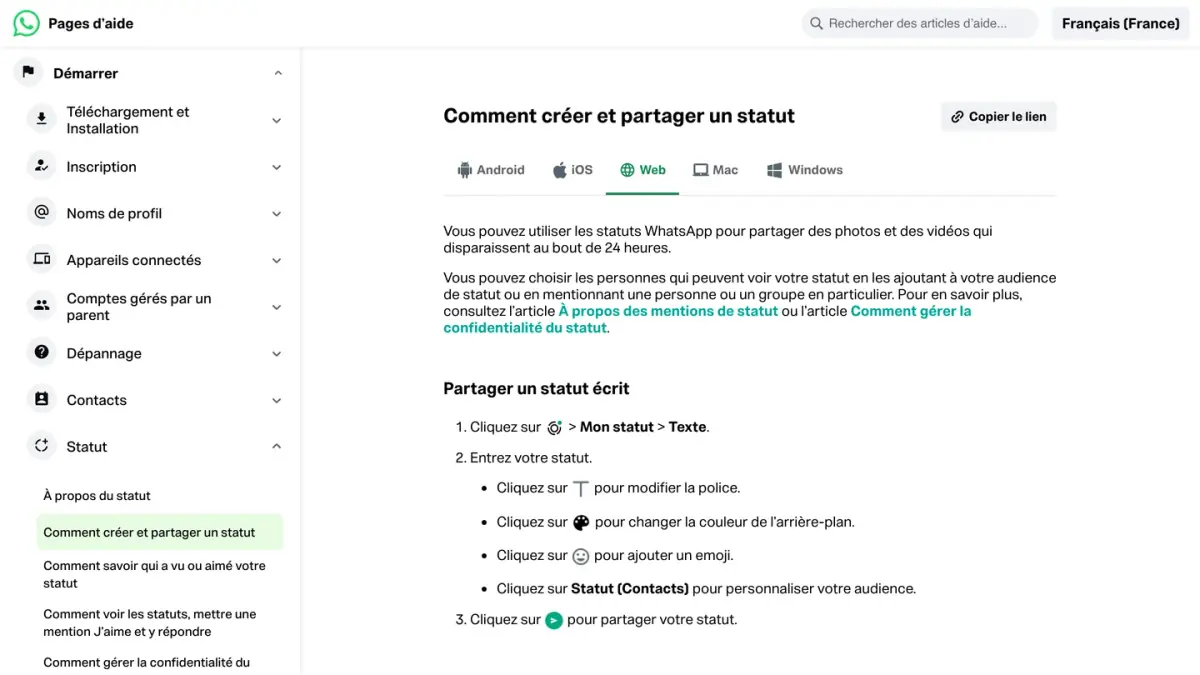 La page d'aide de WhatsApp qui explique comment créer et partager un statut
