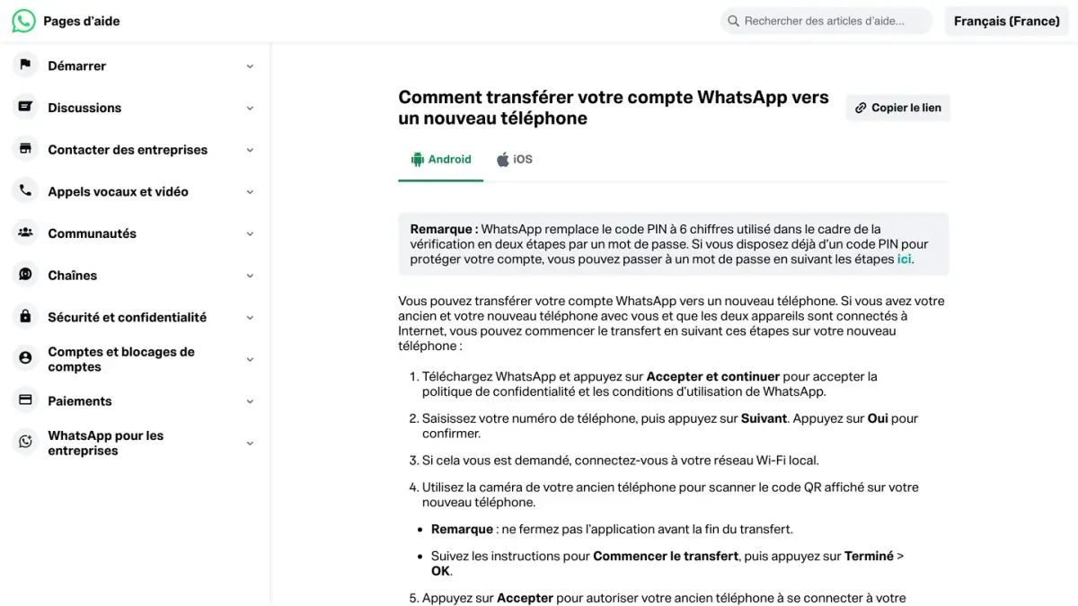 Page d'aide WhatsApp « Comment transférer votre compte WhatsApp vers un nouveau téléphone »