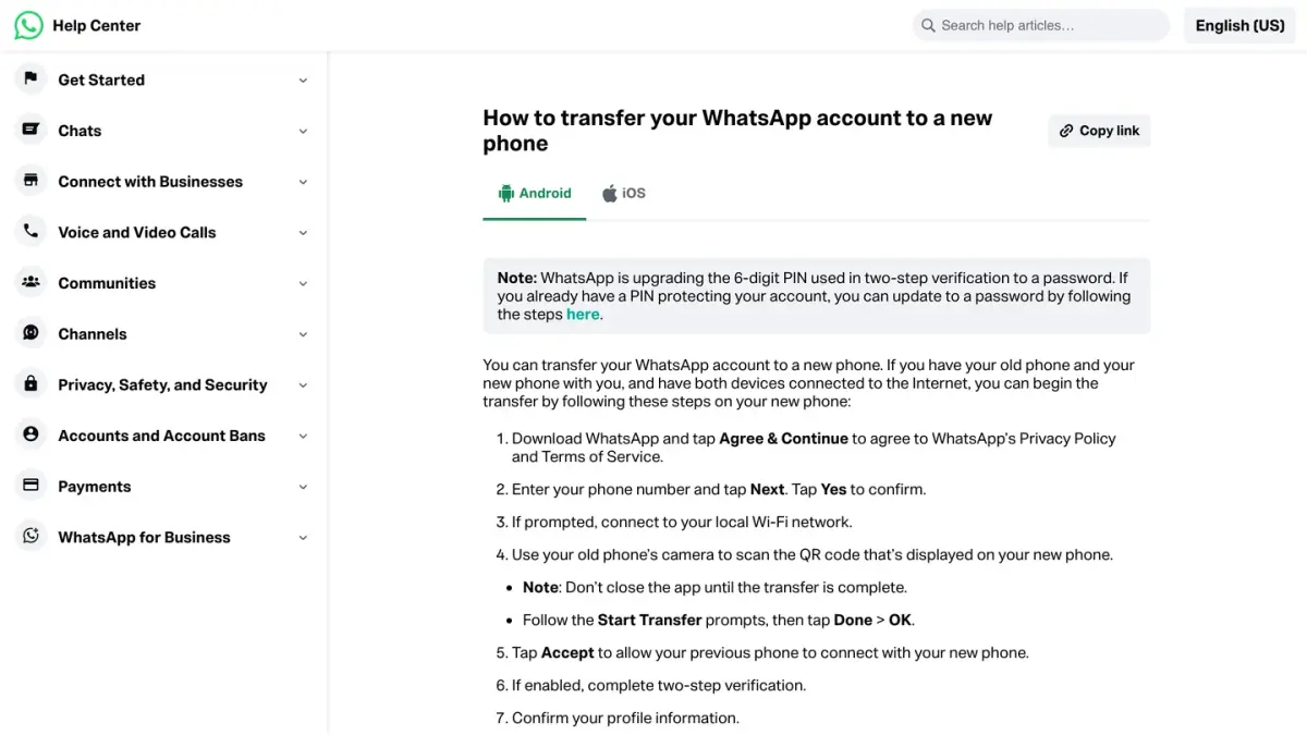 WhatsApp Help Center page How to transfer your WhatsApp account to a new phone