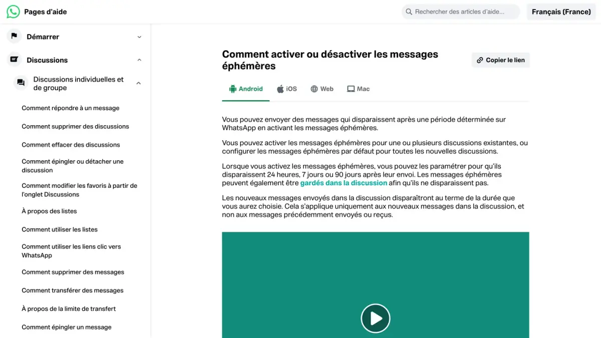 Page d'aide WhatsApp « Comment activer ou désactiver les messages éphémères », version Android