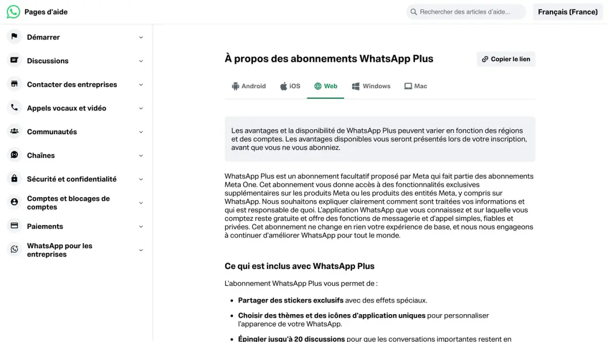 Page d'aide WhatsApp « À propos des abonnements WhatsApp Plus » et de ce qu'ils incluent