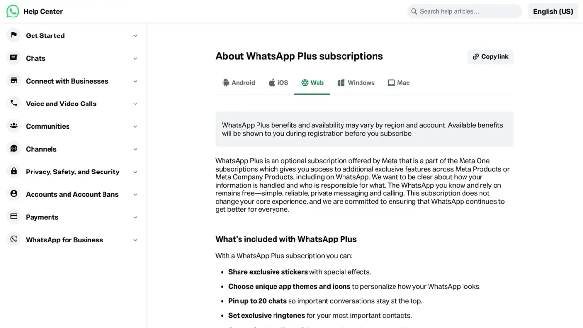WhatsApp Help Center page About WhatsApp Plus subscriptions and what they include