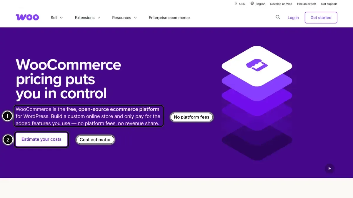 WooCommerce pricing page, with the free, open source platform with no platform fees (1) and the cost estimator (2) highlighted