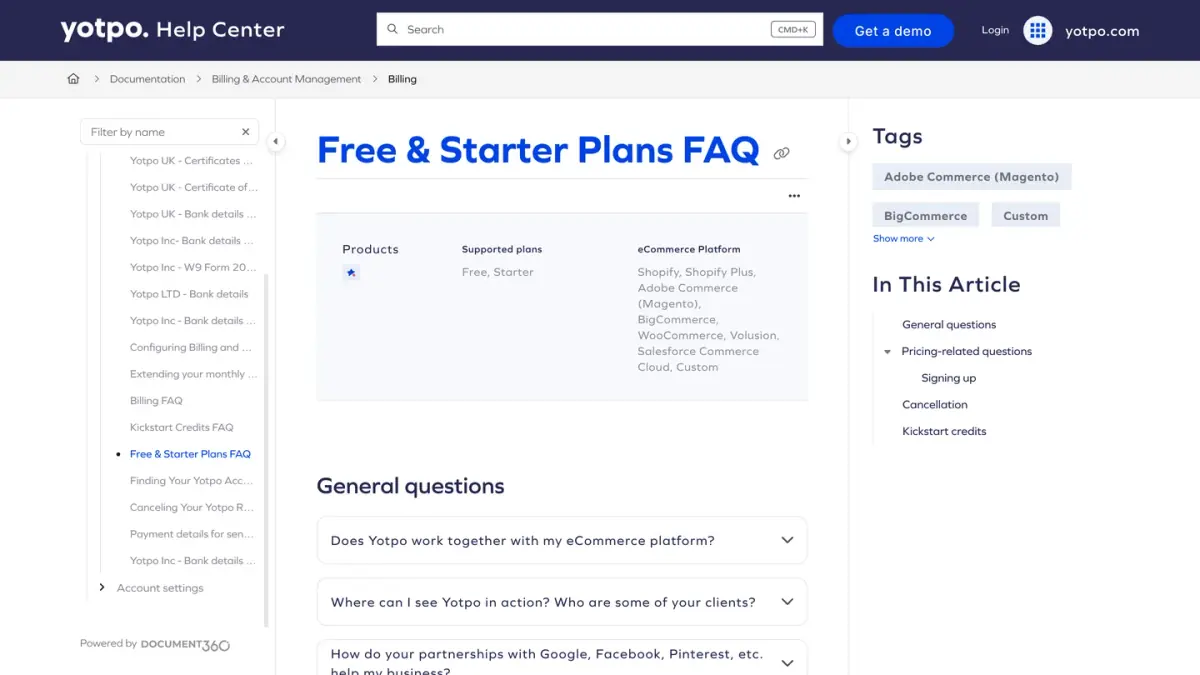 Yotpo Help Center FAQ for the Free and Starter plans, covering pricing and billing questions