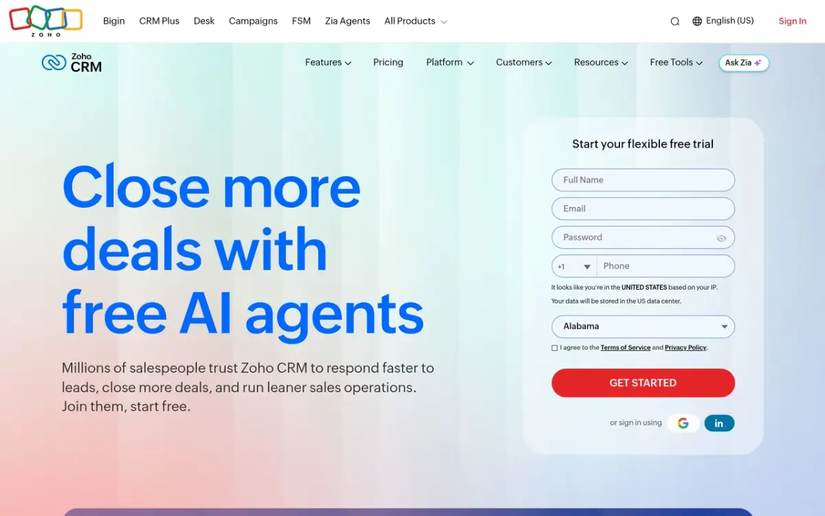 Zoho CRM website